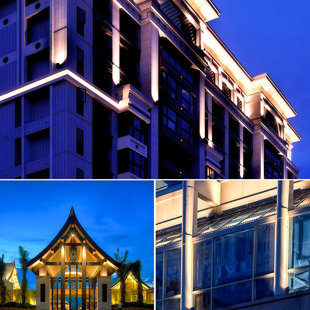 Commercial building facade illuminated by decorative wall wash lights.