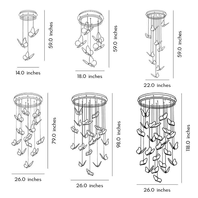 Technical dimension drawing illustrating installation size options of a butterfly chandelier.