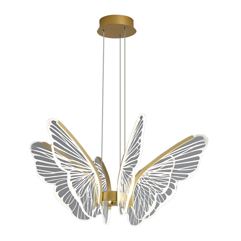Butterfly pendant light in gold, side view of the elegant design.
