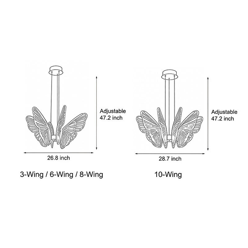 Line drawing of butterfly pendant light dimensions, providing installation specifications.