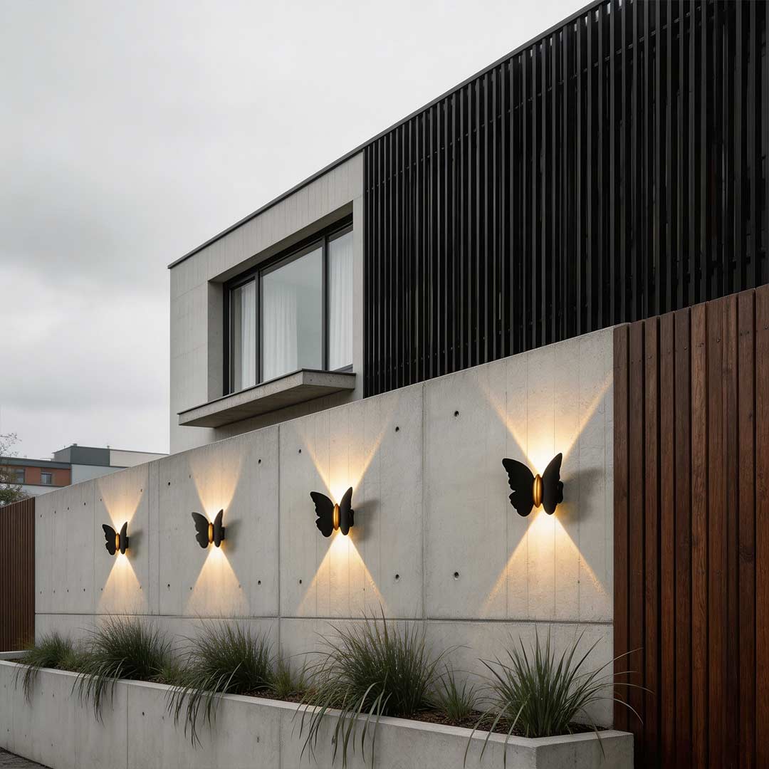 Butterfly wall lamp enhancing a contemporary outdoor wall with elegant directional light.