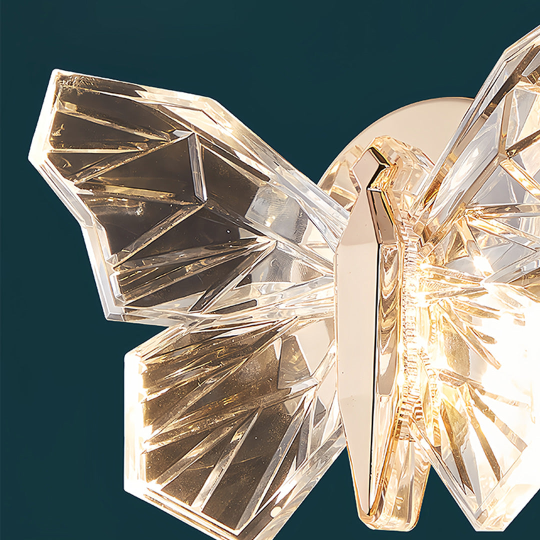 Butterfly wall light creating warm atmospheric lighting in modern bedroom with dark accent wall