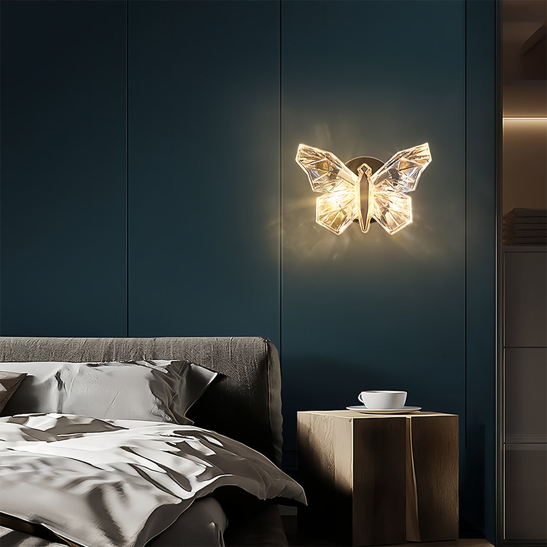 Glowing butterfly wall light showcasing luminous wing details in stylish living room environment