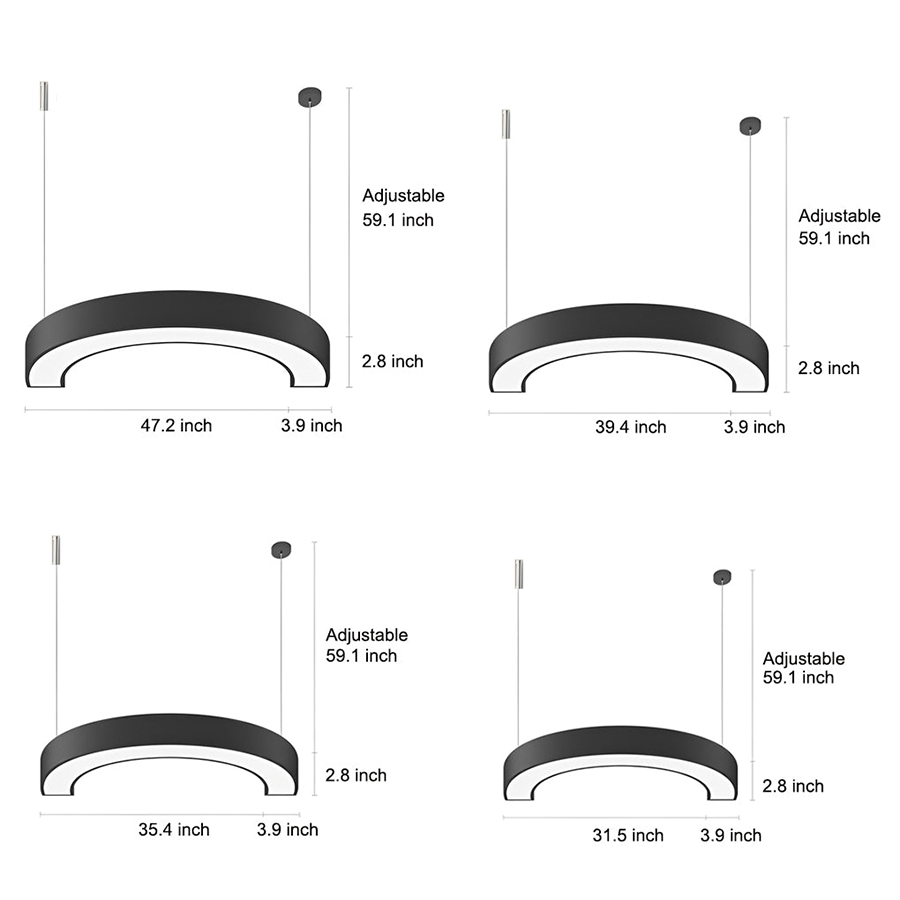 C shape pendant light size options and suspension dimensions diagram.