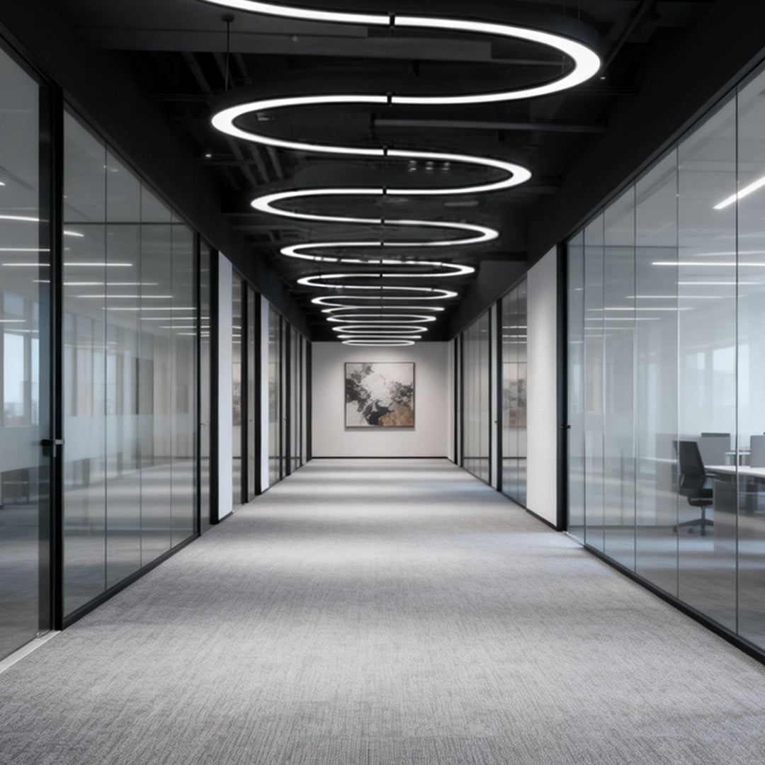 C shape pendant lights arranged in linear sequence for office hallway ceiling lighting.