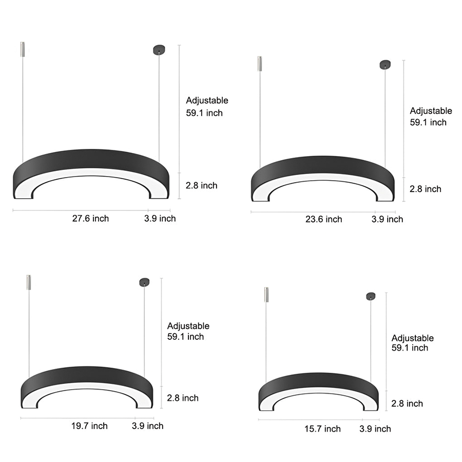 Multiple C shape pendant light size variations with installation height reference chart.