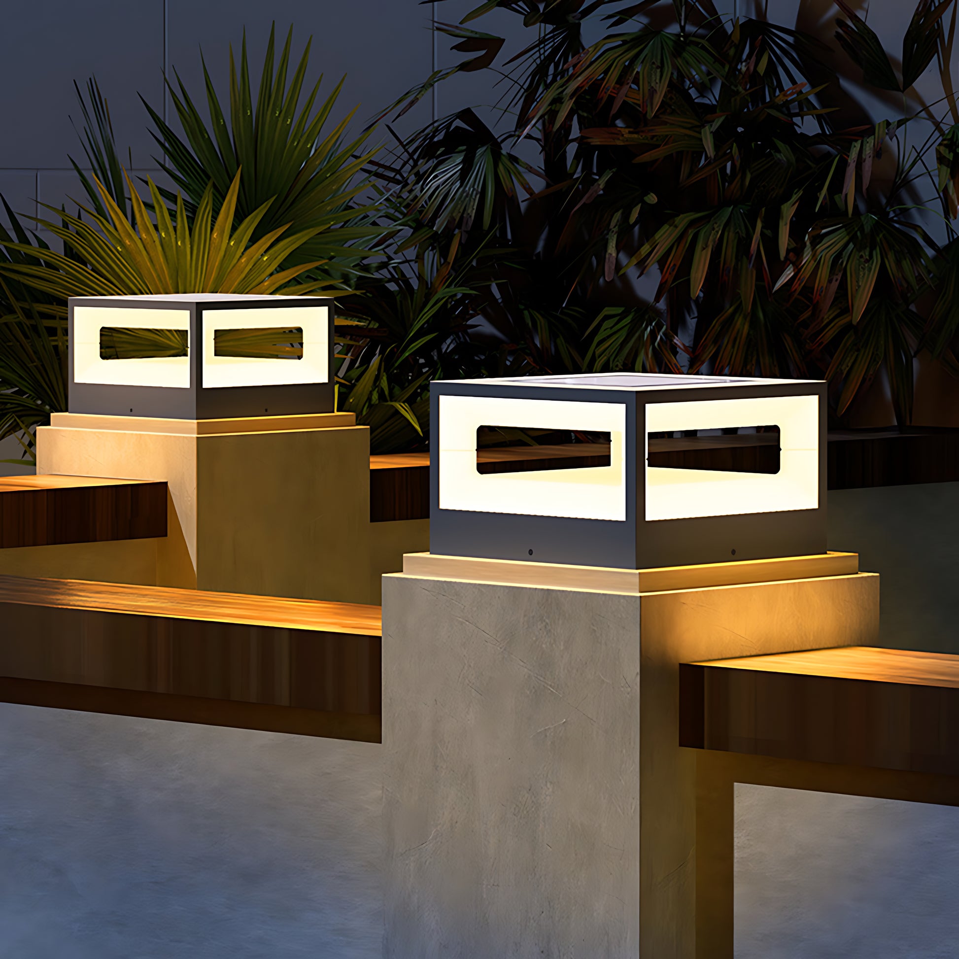 Modern cube-shaped outdoor light fixture with clean lines and integrated LED technology for architectural lighting design