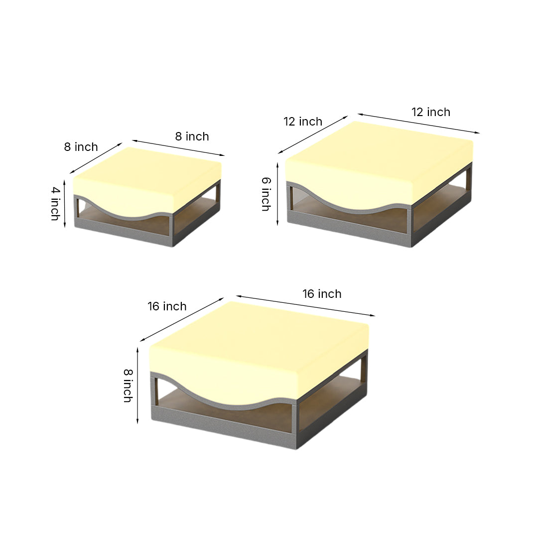 Technical diagram showing various solar light models and their dimensional specifications