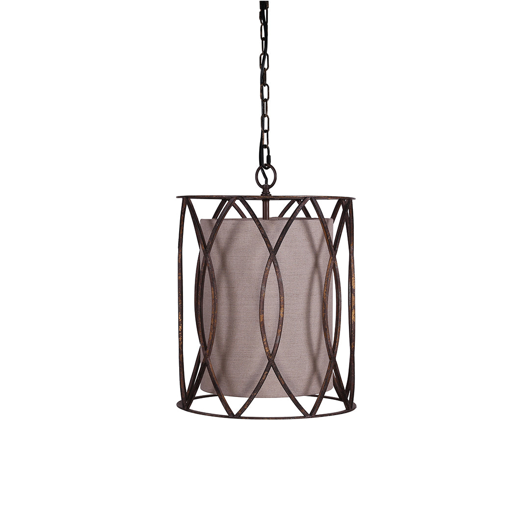Isolated close-up of the uniquely caged small black pendant light featuring an open metalwork frame and brown inner diffuser.