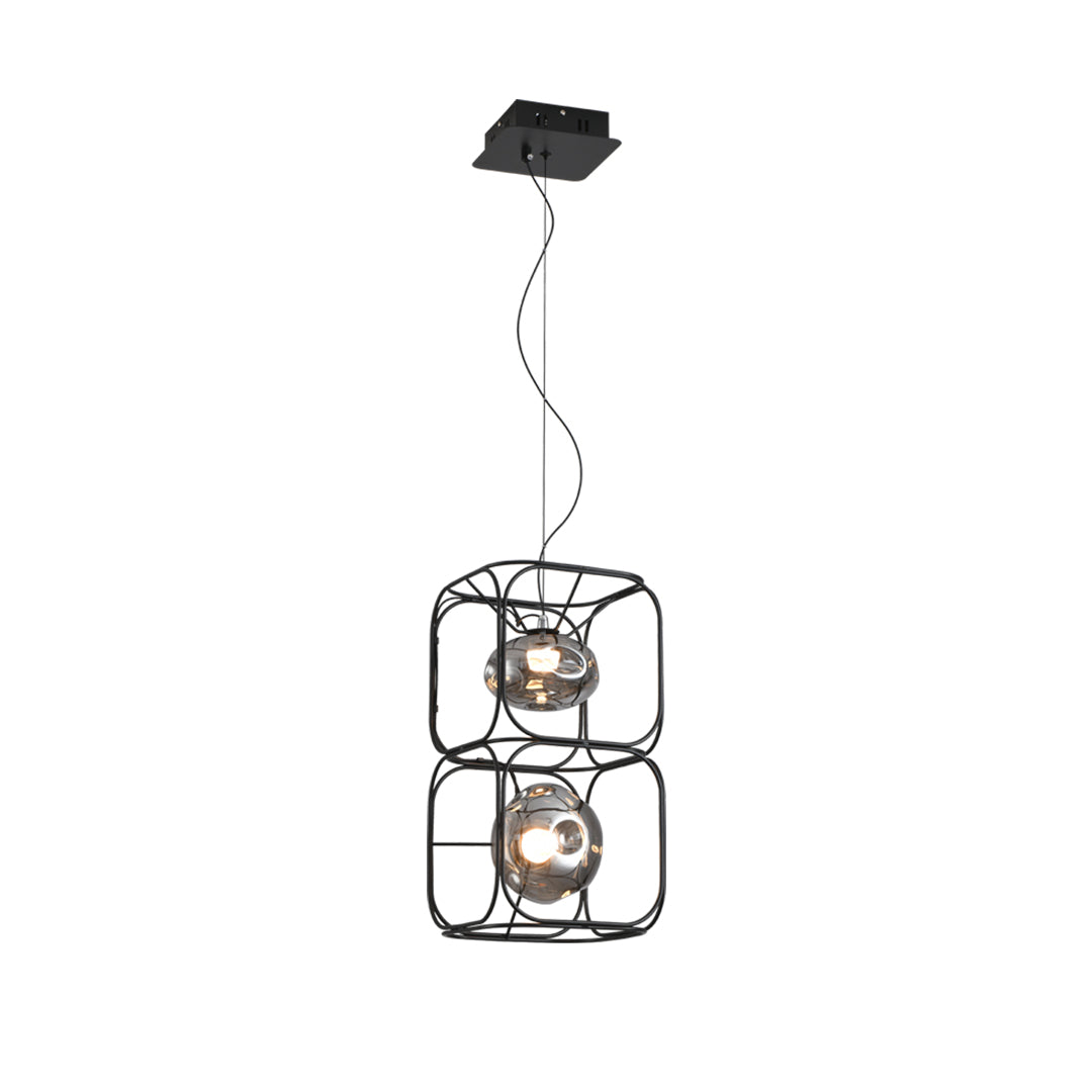 Double caged pendant light configuration displayed on white background, ideal for modern interior lighting layouts.