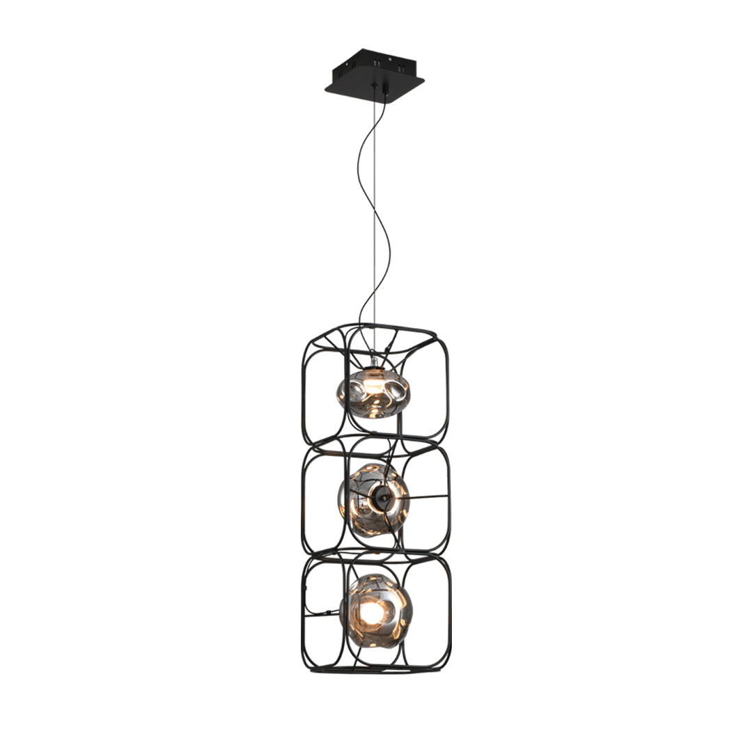 Triple caged pendant light product display with vertical alignment, highlighting modular lighting design possibilities.