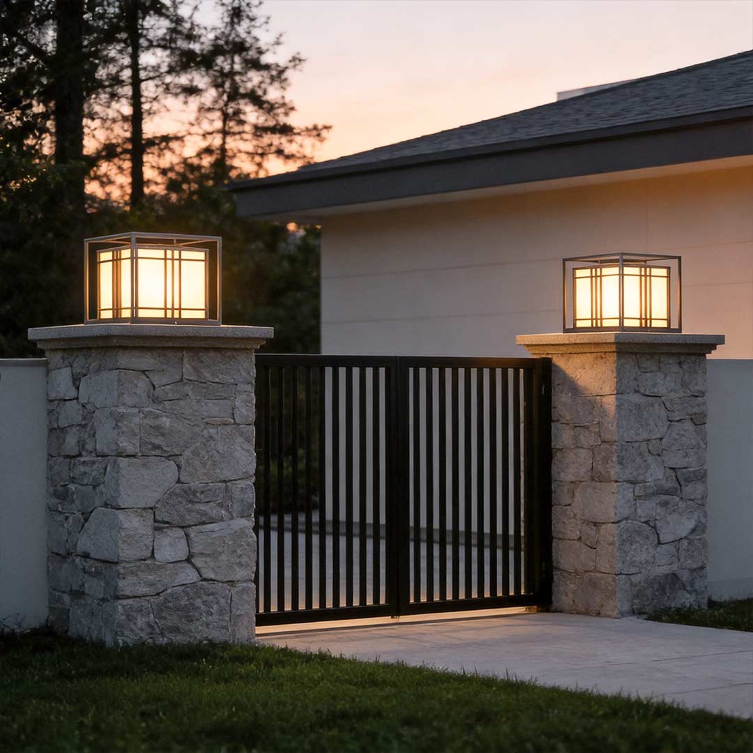 Caged pillar lights enhancing a contemporary house entrance with elegant ambient light.