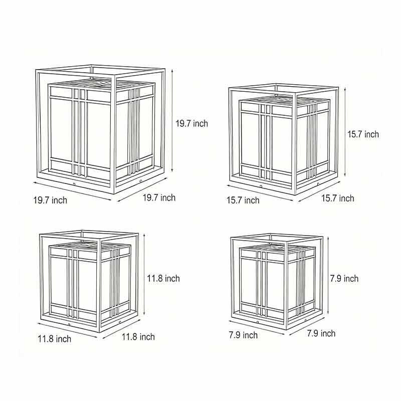 Technical diagram showing dimensions and structure of caged pillar lights models.