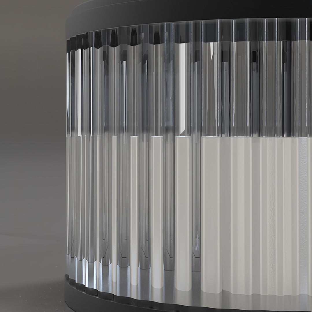 Close-up view of a modern ribbed camping LED lanterns design with soft diffused lighting.