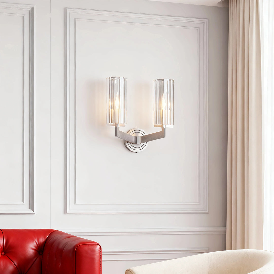 Modern luxury chandeliers lighting minimalist hallway with white paneling and contemporary design