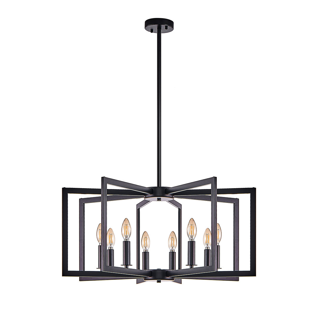 Close-up of candle chandelier lights in black metal frame showing fine craftsmanship and warm glow.