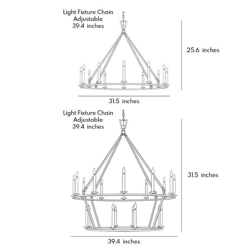 Candles chandelier dimension drawing displaying multiple sizes and adjustable hanging height options.