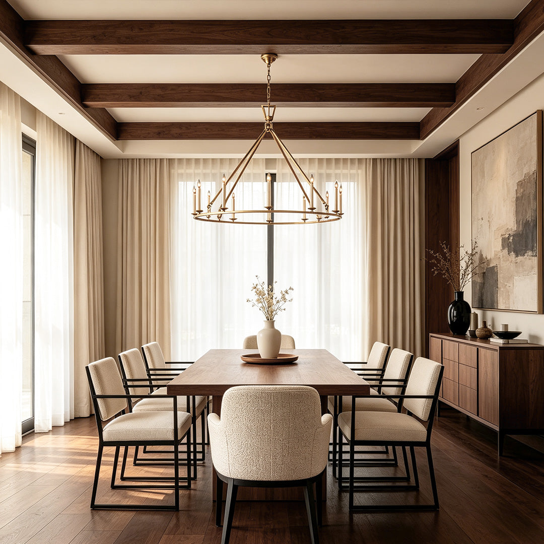 Candles chandelier displayed above a modern dining table in a luxurious contemporary dining room.