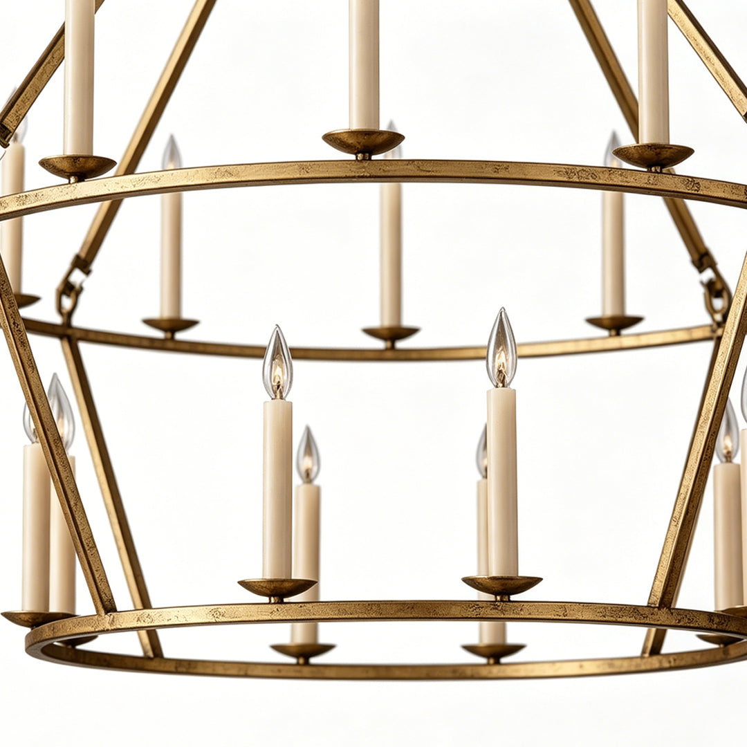 Candles chandelier close-up showing double-ring frame and candle-style bulb arrangement.