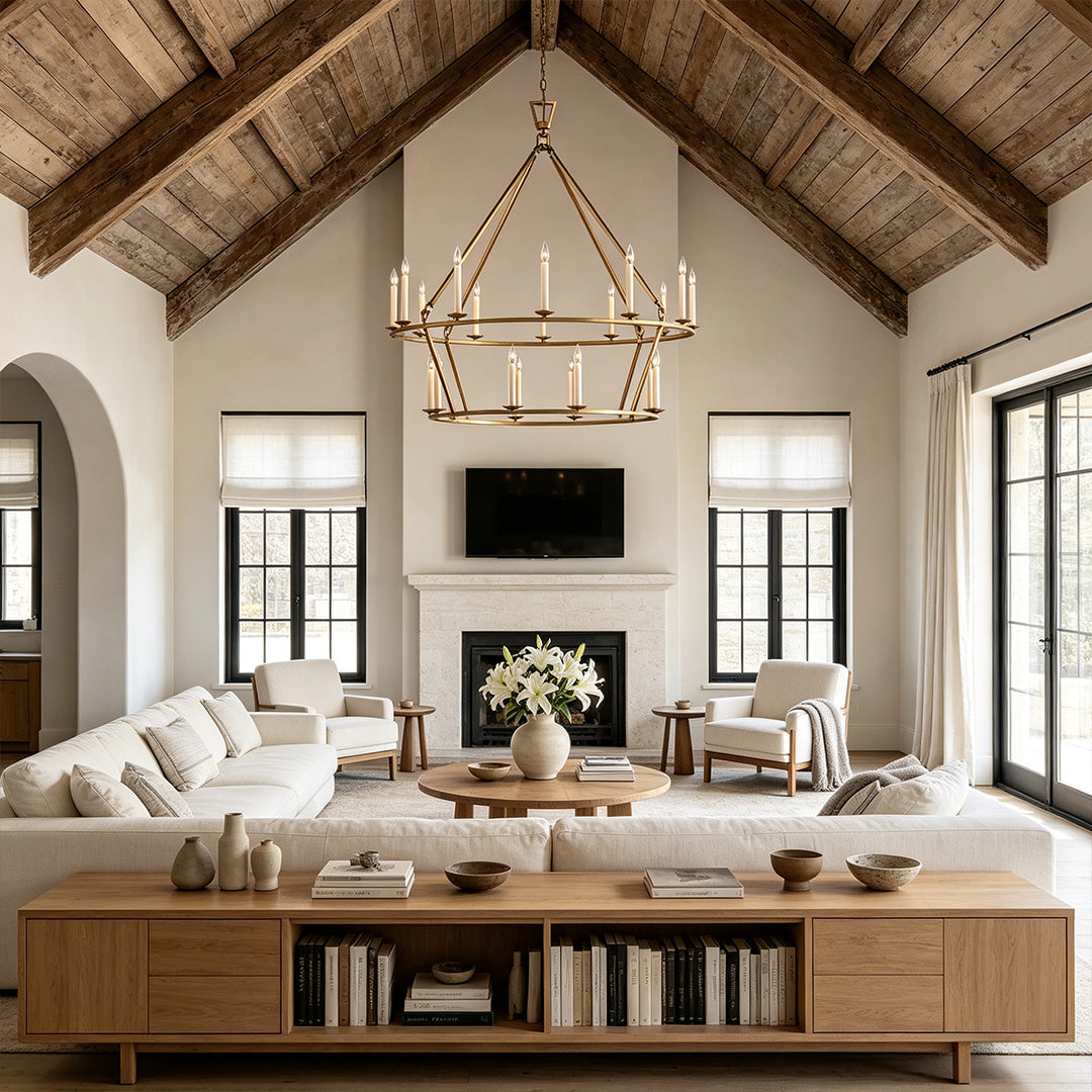 Gold candle wagon wheel chandelier in a large rustic living room
