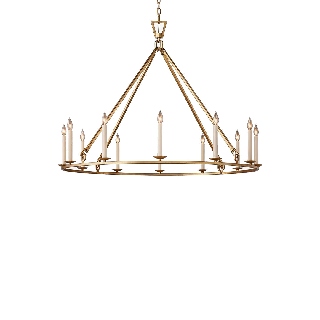 Candles chandelier single-ring version with classic candle-style lighting and gold finish.
