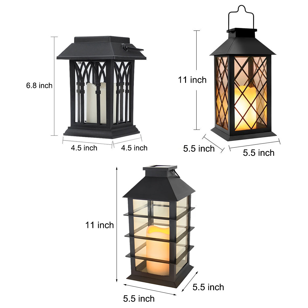 Candlestick lantern with black metal frame and detailed design.