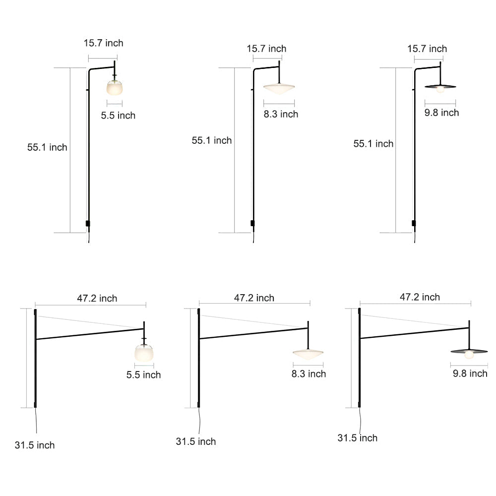 Cantilever wall lamp dimension diagram showing multiple mounting sizes and arm lengths for installation reference.