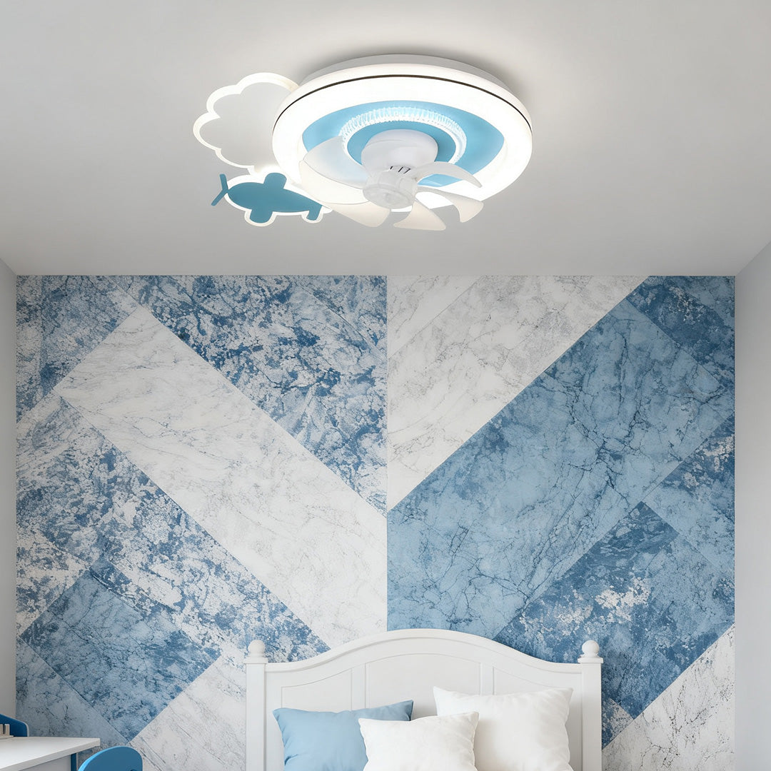 Children's ceiling fans with lights featuring a small central fan and cartoon cloud design, contrasting against a blue geometric accent wall. 