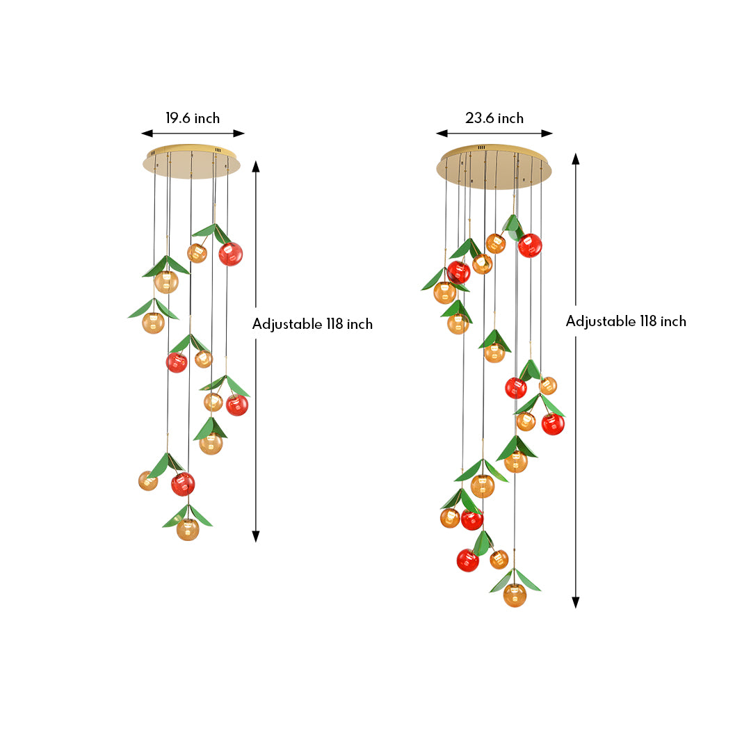Technical diagram of cascading cherry pendant light featuring multiple colorful glass orbs arranged in flowing vertical design