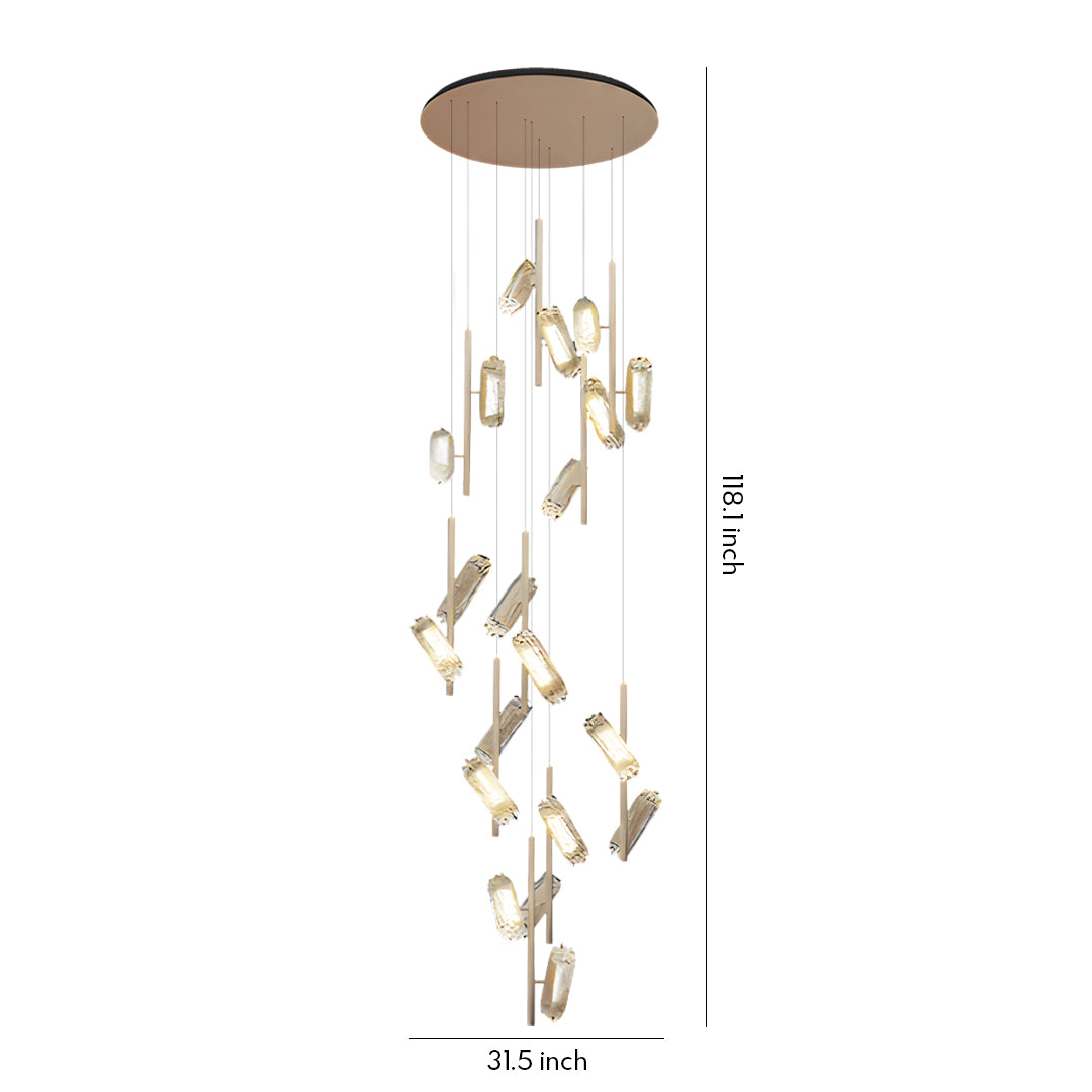 Cascading led staircase chandelier with spiral arrangement of illuminated crystal elements in champagne gold finish