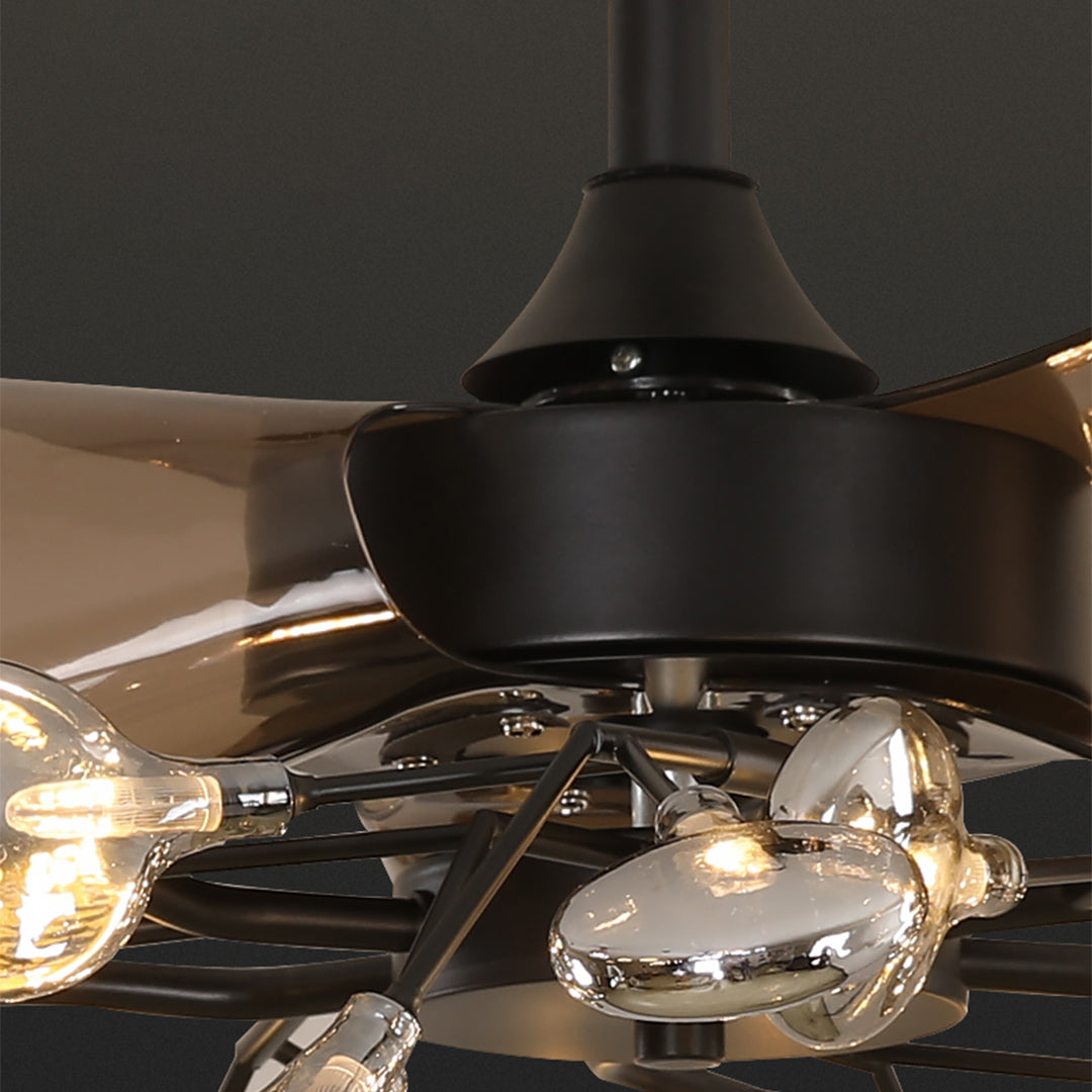 Glam ceiling fan retractable blade detail revealing golden finish and innovative folding mechanism design