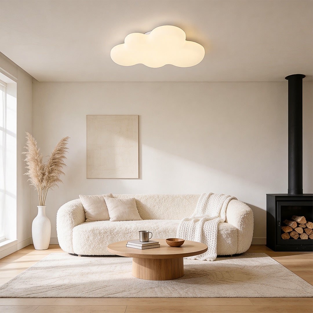 Cloud-shaped ceiling cloud lights installed in modern living room, soft warm lighting for cozy interior ambiance.