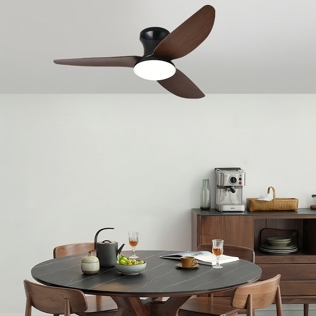 Ceiling fan with dimmer light in stylish living room with dark wood blades and contemporary interior design