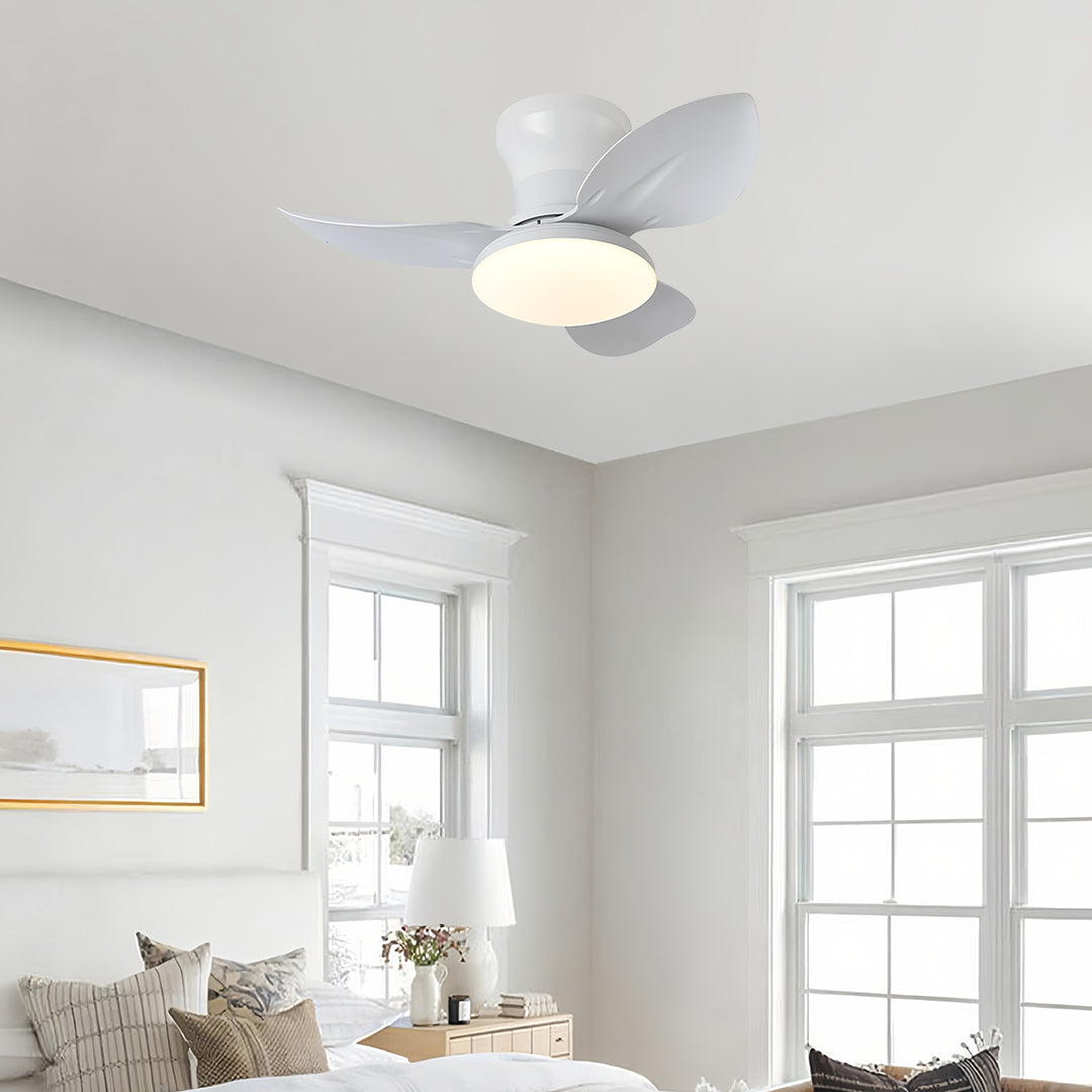 Ceiling fan with dimmer light in minimalist bedroom with white walls and clean modern aesthetic design