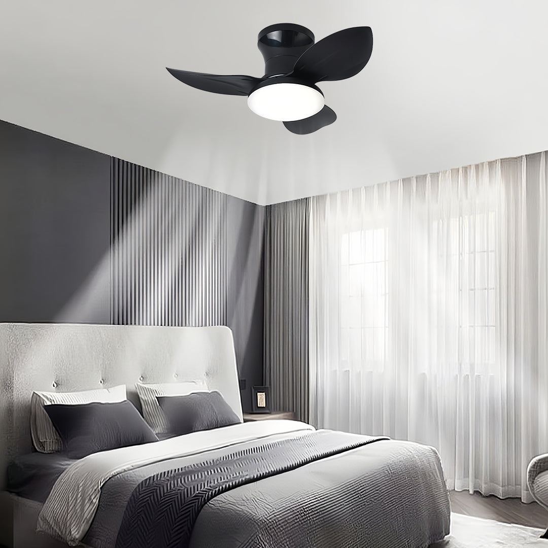 Ceiling fan with dimmer light in modern bedroom with black blades providing efficient air circulation and lighting