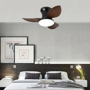 Ceiling fan with dimmer light installed in modern bedroom creating comfortable temperature control and ambient lighting