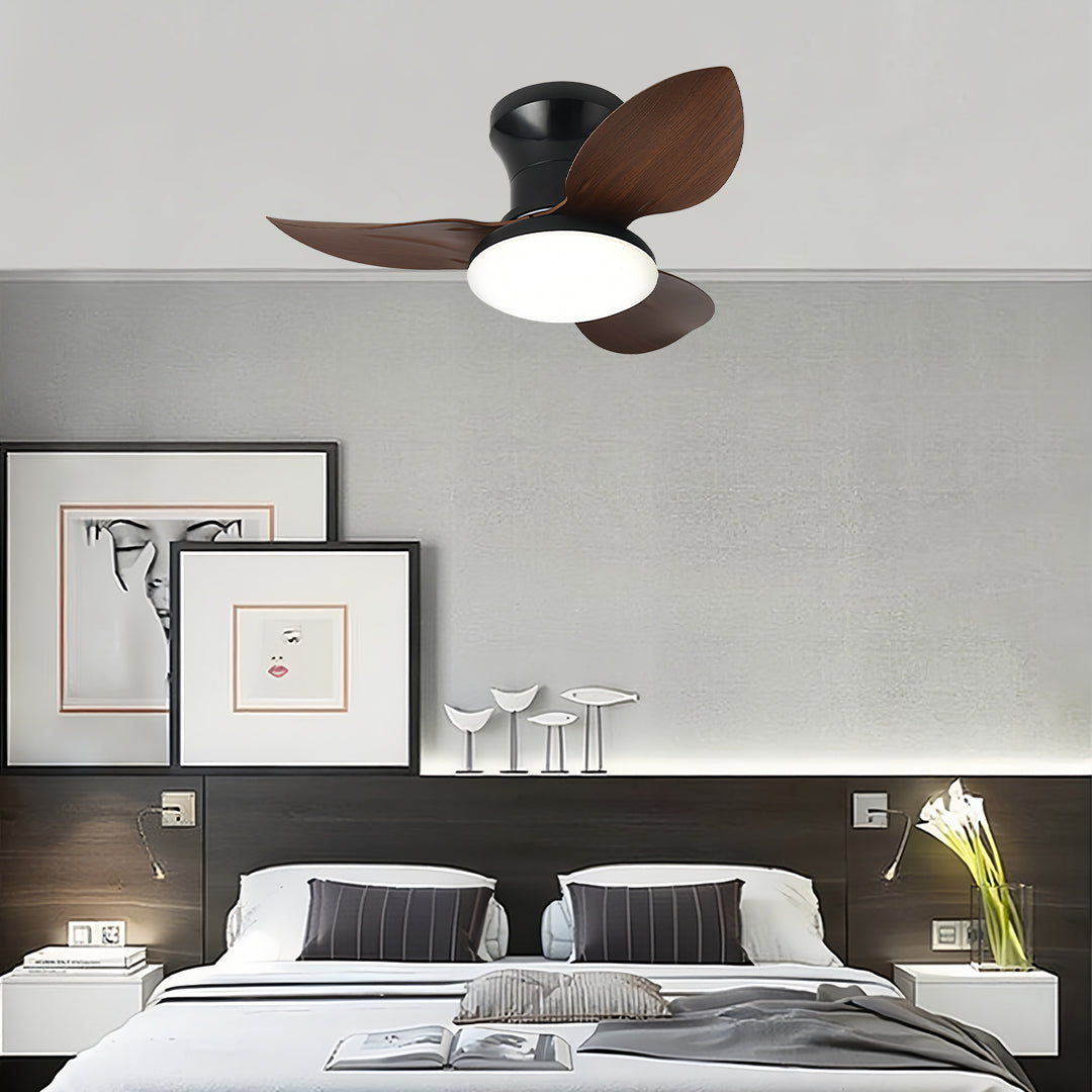 Ceiling fan with dimmer light installed in modern bedroom creating comfortable temperature control and ambient lighting