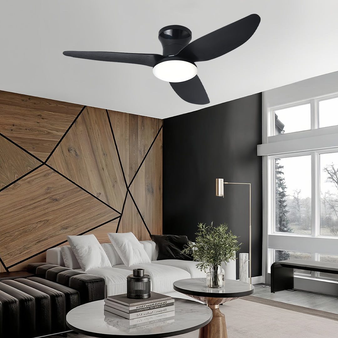Ceiling fan with dimmer light in modern loft space with industrial design and wooden ceiling elements