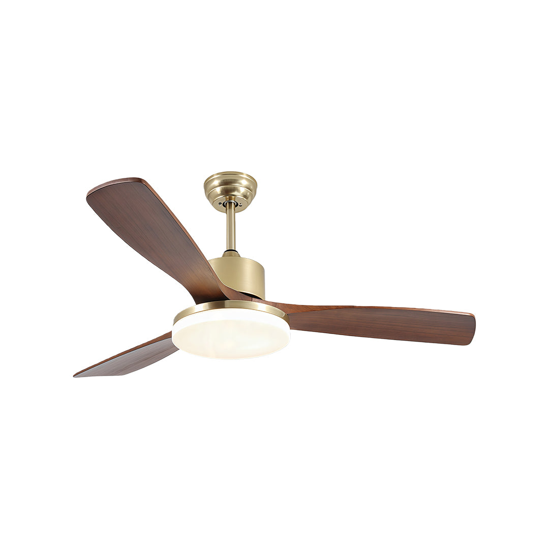 Ceiling fan with light and remote control, showcasing a sleek gold motor and wooden blades for contemporary interiors.