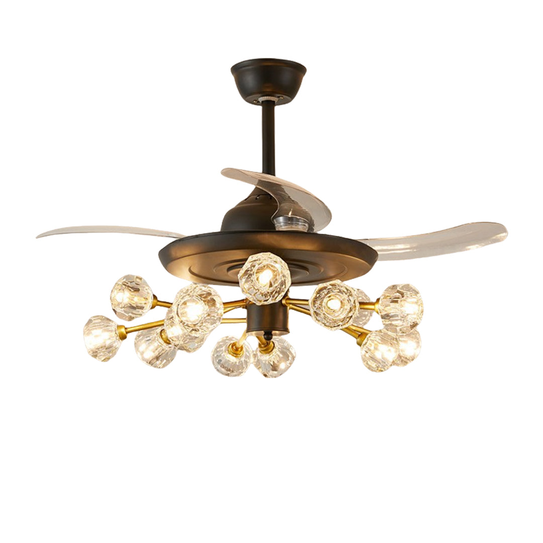 Luxury ceiling fan with multiple lights featuring bronze finish and crystal chandelier lighting elements, 27.5 inch width.