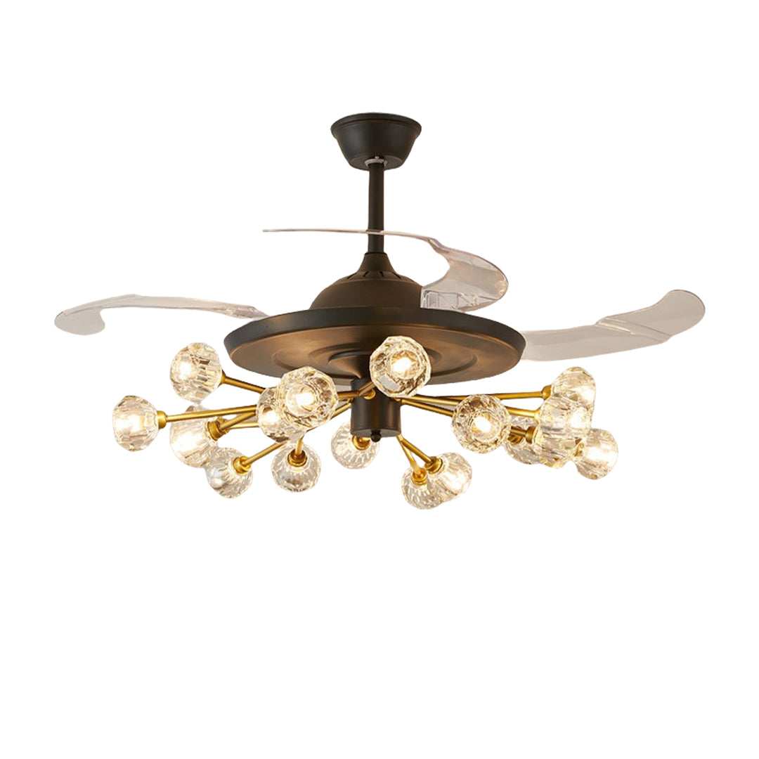 Luxury ceiling fan with multiple lights featuring bronze finish and crystal chandelier lighting elements, 33 inch width.