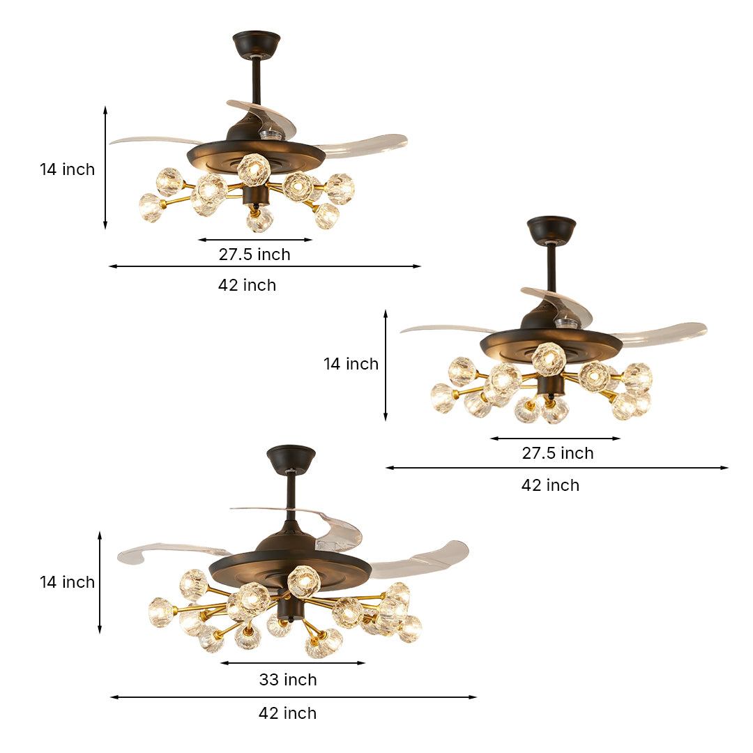 Product comparison showing three finishes of ceiling fan with multiple lights in bronze and gold options