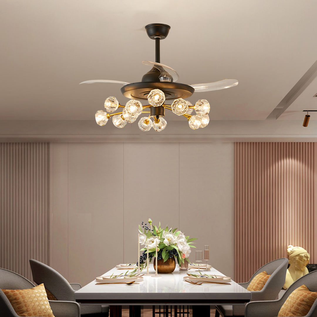 Ceiling fan with multiple lights illuminating contemporary dining area with wood accents and neutral palette