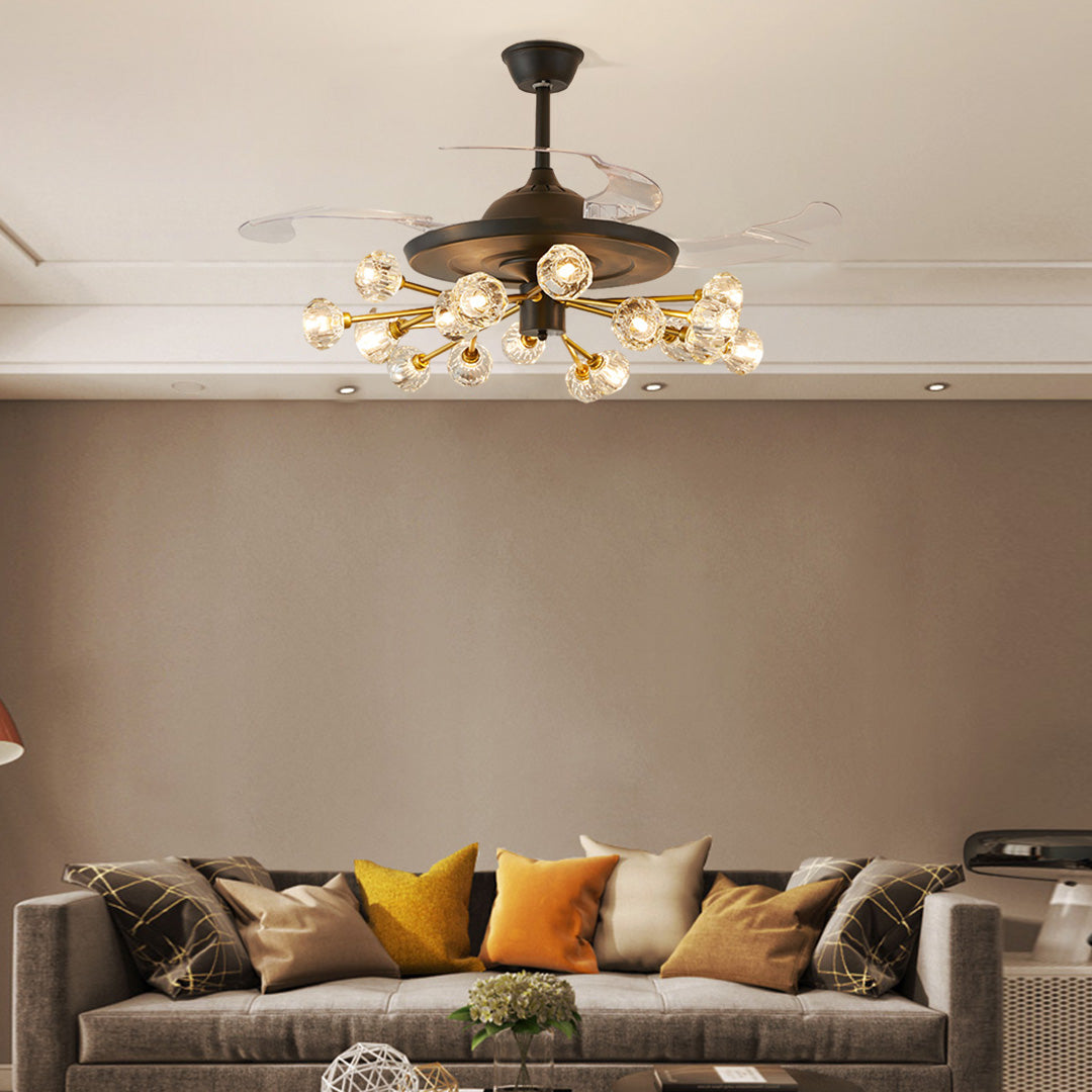 Ceiling fan with multiple lights illuminating modern living space with warm lighting and cozy atmosphere