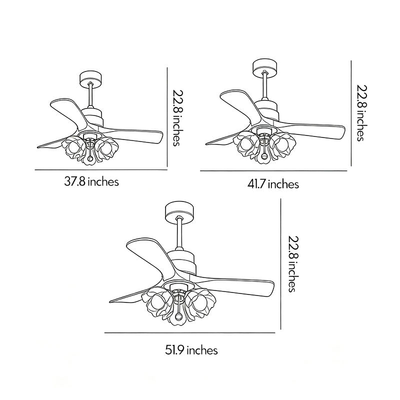 Ceiling fan with LED lighting dimension drawing showing blade span, fixture height, and overall proportions.