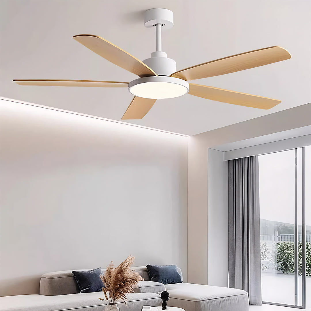 Ceiling fans with 5 lights providing circulation in airy living space with white walls and beige tones