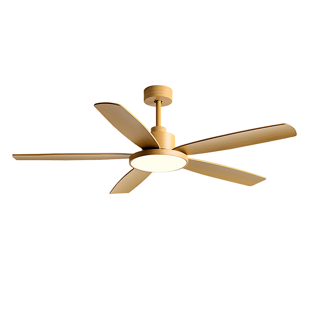 Ceiling fans with 5 lights featuring brass motor and natural oak blade combination
