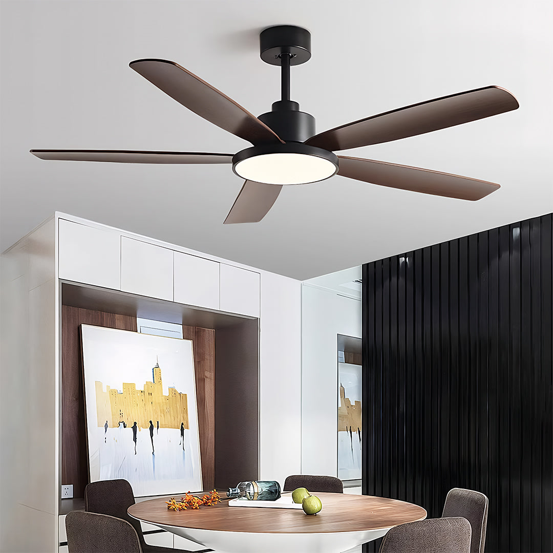 Ceiling fans with 5 lights illuminating elegant dining room with wooden table and upholstered chairs