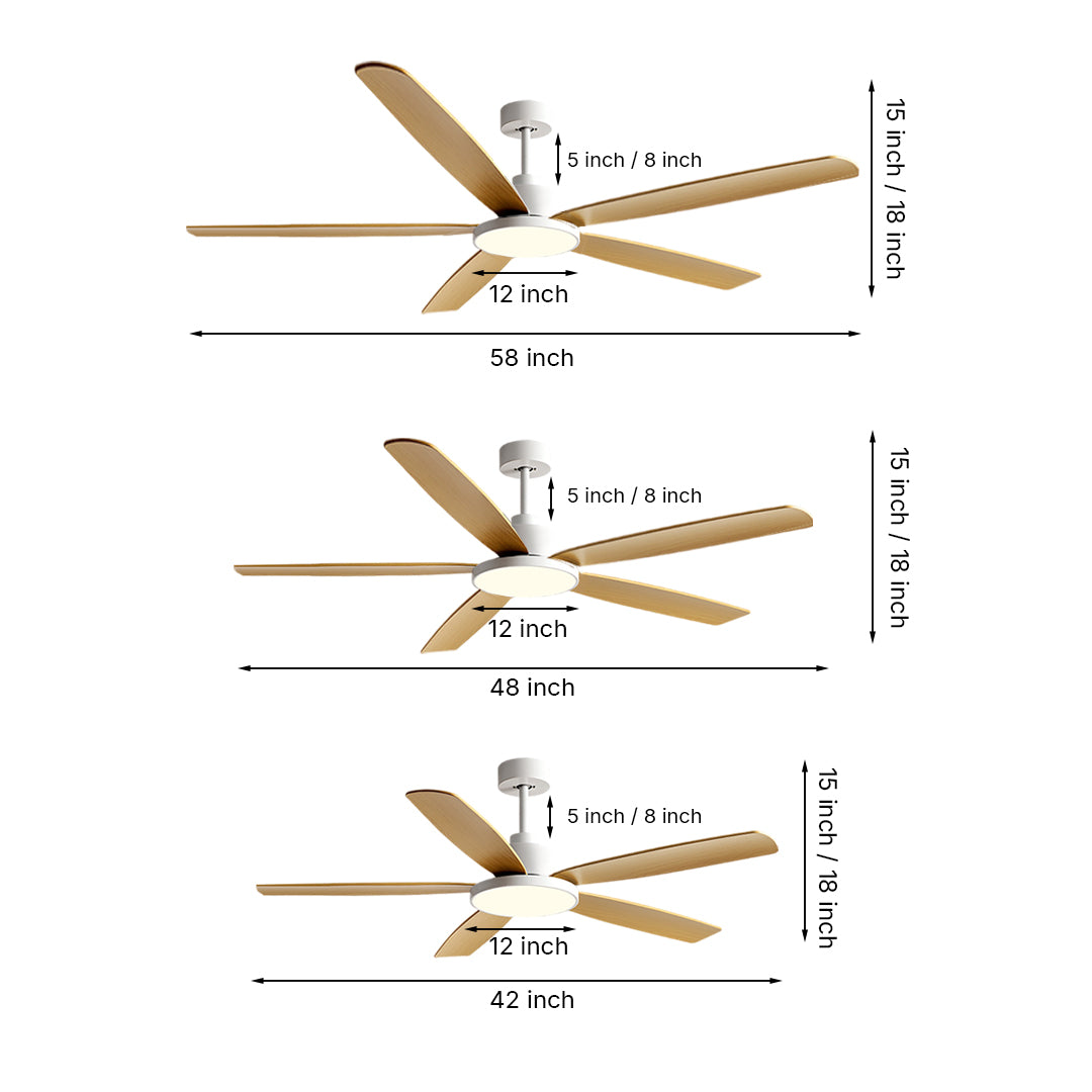 Size comparison chart showing three ceiling fans with 5 lights in different wood finishes