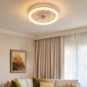 Ceiling fans with light fixtures installed in a bright living room with a circular LED ring design.